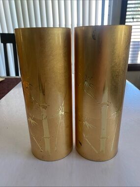 OMC Gold Bamboo Decorative Cylindrical 9”x3.25” Vase Pair - Home Accents
